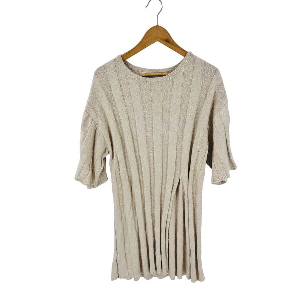Free People Beach Ribbed Knit Tunic Oatmeal S Boho Oversized Short Sleeve Top